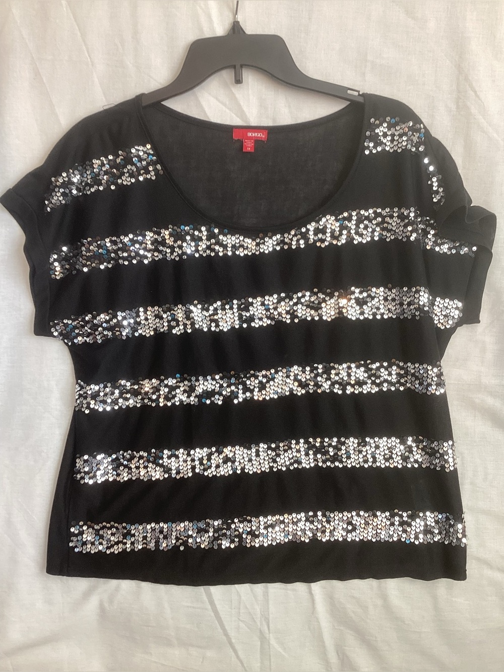 BONGO Black Short Sleeve Top with Silver Sequin Stripes